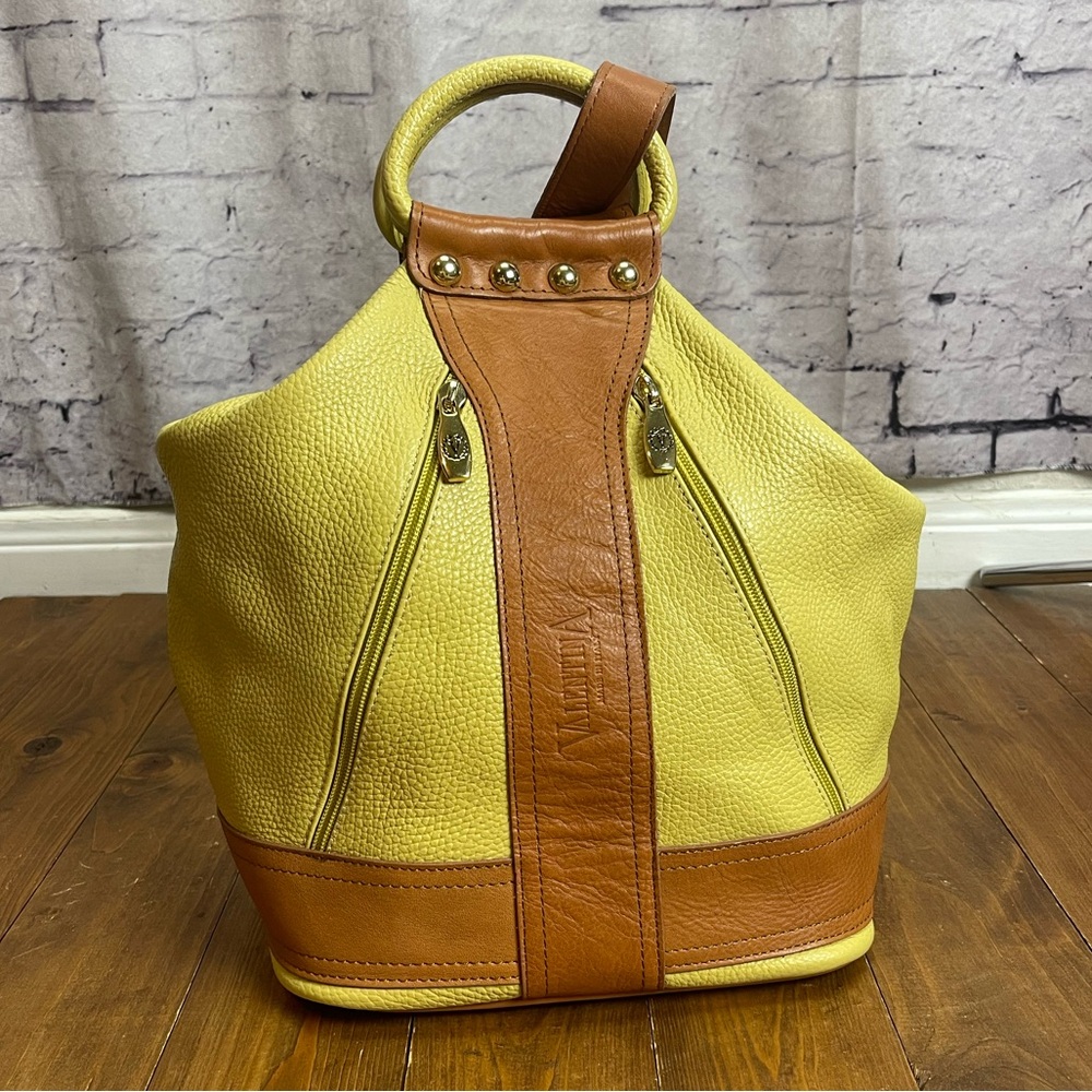 Valentina yellow and tan leather backpack sling purse